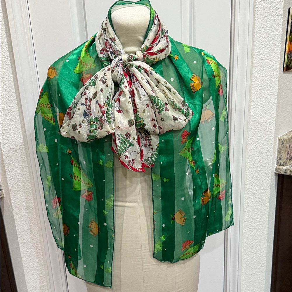Festive Green and White Sheer Scarf Set